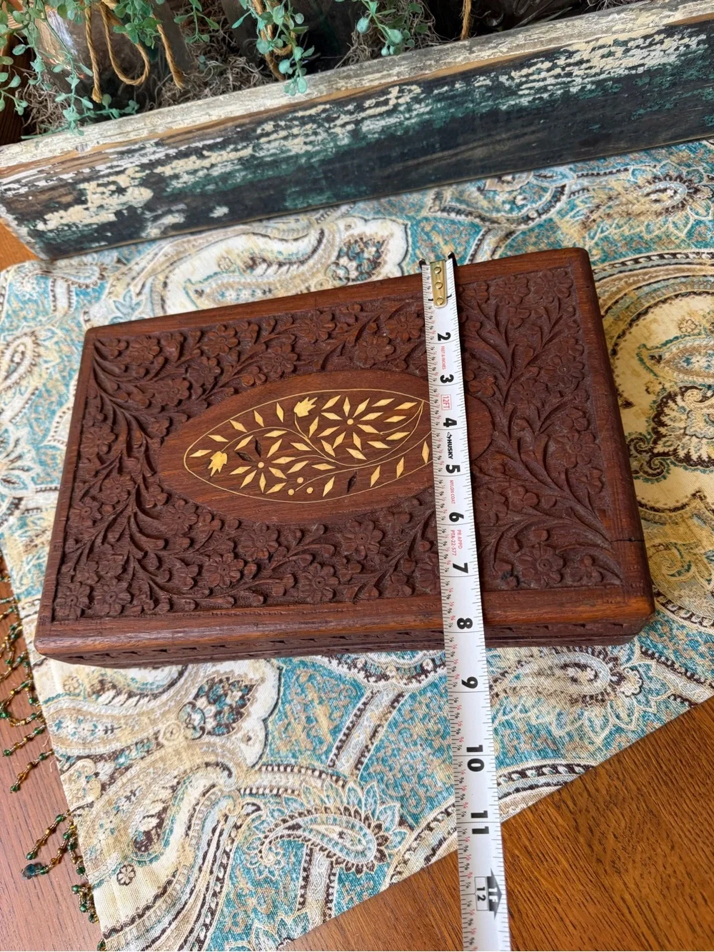 Carved Wood Jewelry Box Floral Inlay Large Keepsake Chest Vintage